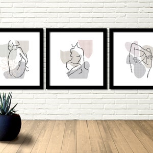 Ensemble de TROIS Boho Boho Female Women Girl Modern Minimalist Silhouette Sketch Counted Cross Stitch Pattern - PDF Digital Download