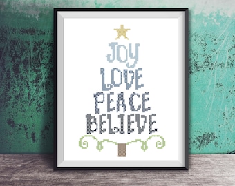 Modern Holiday Christmas Tree Joy Love Peace Believe Whimsical Counted Cross Stitch Pattern - PDF Digital Download