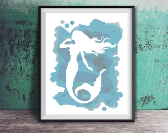 Blue Watercolor Mermaid Fish Ocean Beach Art Counted Cross Stitch Pattern - PDF Digital Download