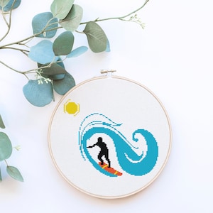 Surfer Surfboard Surf Board Wave en Sun Silhouette Beach Art Geteld Cross Stitch Patroon - PDF Digitale Download