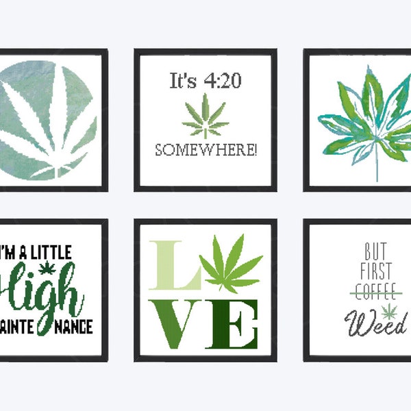 Set von SECHS - Weed Pot Marihuana Leaf Quotes Kreuzstichmuster - PDF Digitaler Download