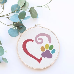 Puppy Paw Heart Rainbow Love Counted Cross Stitch Pattern - PDF Digital Download