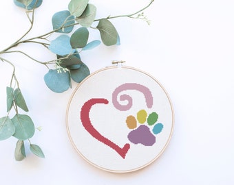 Puppy Paw Heart Rainbow Love Counted Cross Stitch Pattern - PDF Digital Download