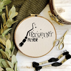 Halloween Witch Frequent Flyer Humor Quote Embroidery Hoop Pattern - PDF Digital Download