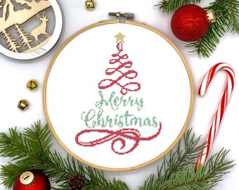 Modern Holiday Merry Christmas Tree Whimsical Counted Cross Stitch Pattern - PDF Digital Download