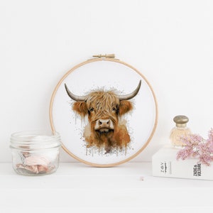 Highland Cow Watercolor Counted Cross Stitch Pattern - PDF Digital Download