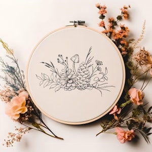 Autumn Fall Foliage Flowers Pinecone Mushroom Line Art Embroidery Hoop Pattern - PDF Digital Download