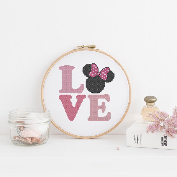 Pink Minnie Mouse Love Quote Text Counted Cross Stitch Pattern - PDF Digital Download