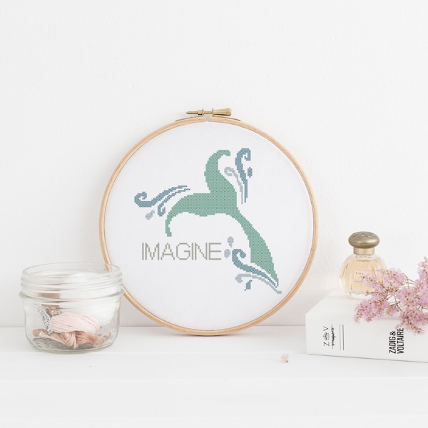 Blue Mermaid Tail Fish Ocean Beach Art Imagine Quote Text Counted Cross Stitch Pattern - PDF Digital Download