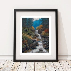 Cascade Waterfall Mountain Landscape with Bears Counted Cross Stitch Pattern - PDF Digital Download