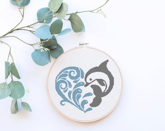 Dolphin Porpoise Heart Water Splash Beach Art  Counted Cross Stitch Pattern - PDF Digital Download