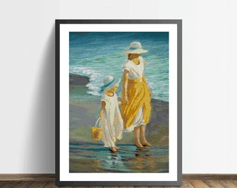 Mother Daughter Baby Girl by the Sea Beach landscape Art Counted Cross Stitch Pattern - PDF Digital Download