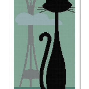 Silhouette Seattle Space Needle with Black Cat Counted Cross Stitch Pattern - PDF Digital Download