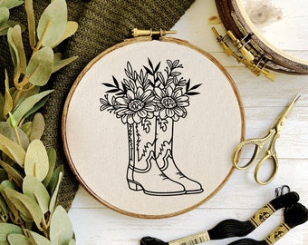 Sunflower Wildflowers in a Cowboy Boot Embroidery Hoop Pattern - PDF Digital Download