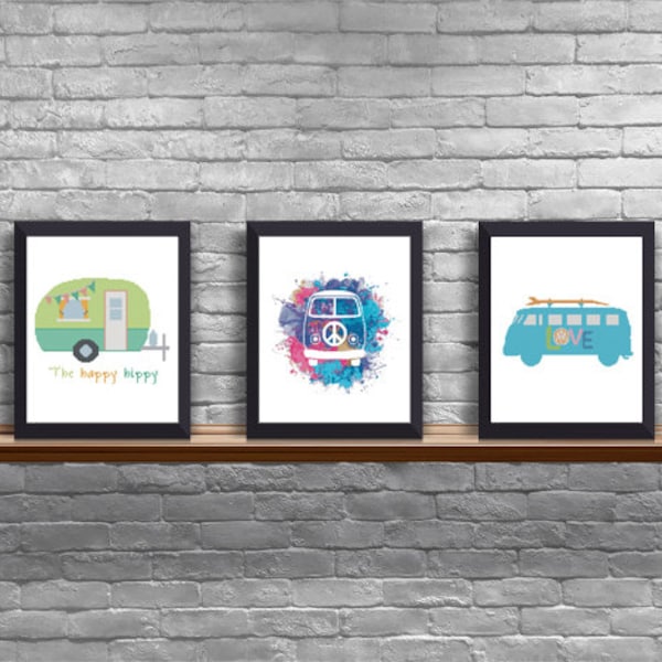 Set of THREE Hippie VW Volkswagen Bus and Vintage Camper Counted Cross Stitch Pattern - PDF Digital Download