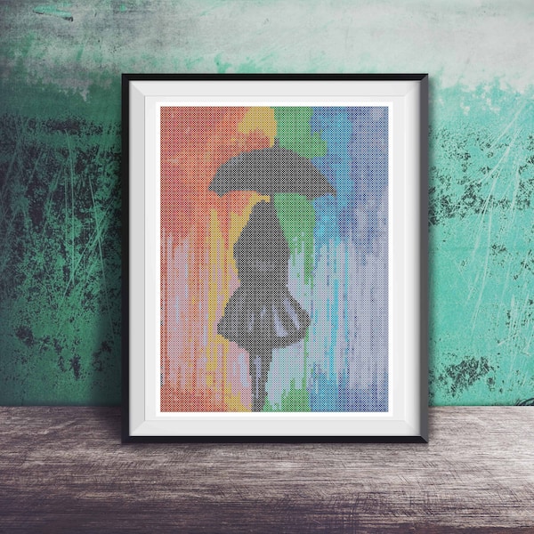 Girl Silhouette in the Rainbow Rain with Umbrella Counted Cross Stitch Pattern - PDF Digital Download