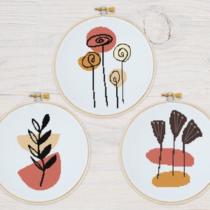 Set of THREE -  Boho Bohemian Rainbow Flower Vine Tulip Poppy Counted Cross Stitch Pattern - PDF Digital Download