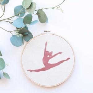 Pink Blush Watercolor Gymnast Dancer Dance doing a Split Leap Counted Cross Stitch Pattern - PDF Digital Download