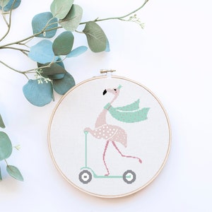 Pink Flamingo on a Scooter Counted Cross Stitch Pattern - PDF Digital Download