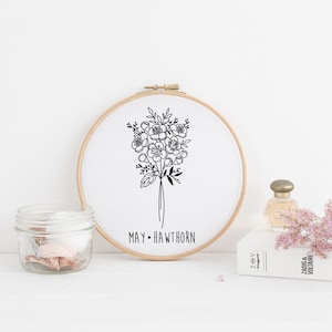 May Hawthorn Birth Flower Embroidery Hoop Pattern Template - PDF Digital Download