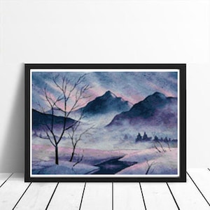 Landscape Snowy Purple Mountain Trees Silhouette Counted Cross Stitch Pattern - PDF Digital Download