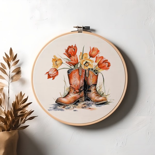 Wildflowers Tulips in Cowboy Boots Counted Cross Stitch Pattern - PDF Digital Download