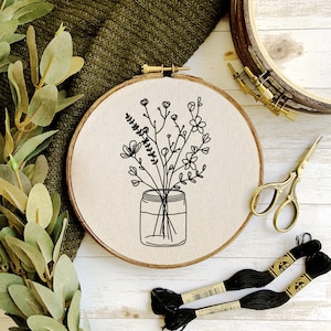Wildflowers in a Candle Jar Embroidery Hoop Pattern - PDF Digital Download