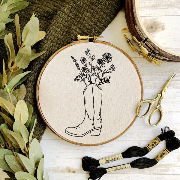 Wildflowers in a Cowboy Boot Embroidery Hoop Pattern - PDF Digital Download