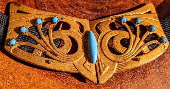 Art Deco 1920s Buckle with Turquoise inlay on elas
