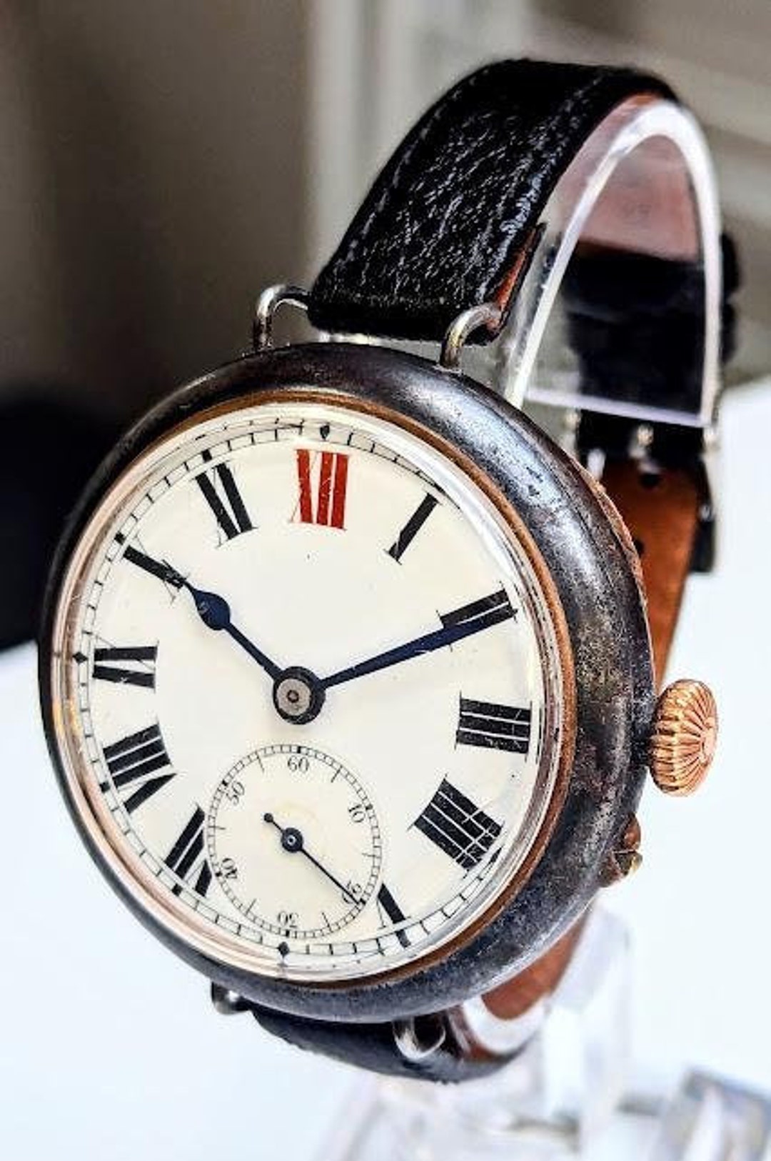 Rare Antique Gunmetal Trench Watch Red 12 Depose 9846 Oversize