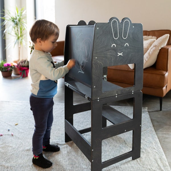 Échelle de cuisine convertible / LAPIN noir/ étagère de rangement / escabeau / tabouret d'apprentissage Montessori / table d'enfants