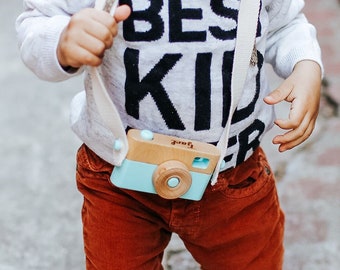 Wooden Toy Camera, Kids camera, Baby Shower gift, Wooden camera with rotating lens and cotton strap, LIGHT BLUE