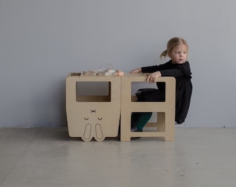 Tour d'observation pour tout-petit / LAPIN naturel / tour de cuisine /tabouret d’apprentissage Montessori/table pour enfant