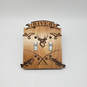 Hunting Fishing - Personaized - Double toggle wooden switch plate cover with !