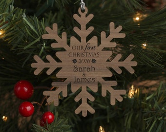 Our First Christmas Snowflake Ornament - Personalized Wood Christmas Ornament - Walnut Wood Just Married Custom Ornament