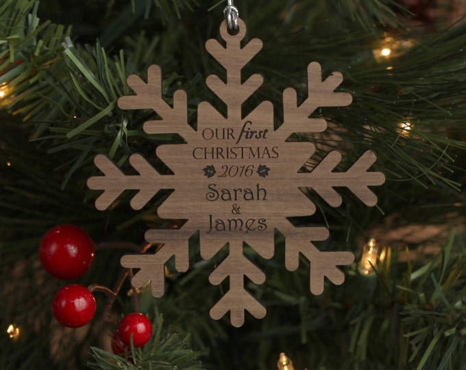 Our First Christmas Snowflake Ornament - Personalized Wood Christmas Ornament - Walnut Wood Just Married Custom Ornament
