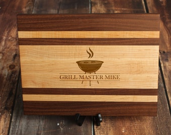 Large Custom Cutting Board - Grill Master Maple and Walnut Stripe Personalized Cutting Board - Kitchen Sign