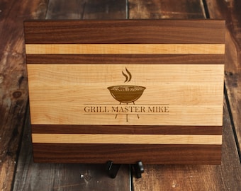 Large Custom Cutting Board - Grill Master Maple and Walnut Stripe Personalized Cutting Board - Kitchen Sign