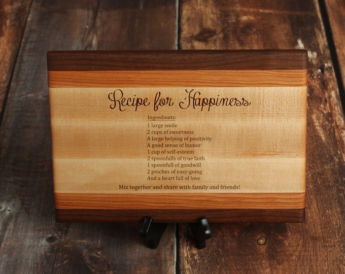 Recipe for Happiness Custom Cutting Board, Personalized Cutting Board Made with Walnut Cherry and Maple Wood