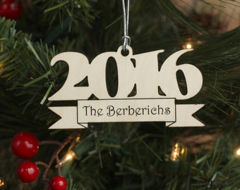 Year End Wood Ornament Personalized with Last Name and Ribbon