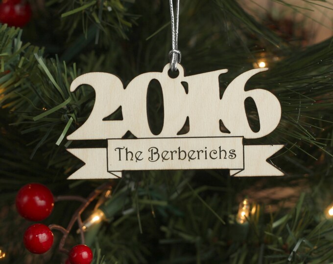 Year End Wood Ornament Personalized with Last Name and Ribbon