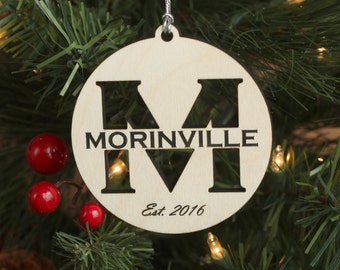 Wood Ornament Personalized with Last Name and Established Date, Custom Ornament with Ribbon