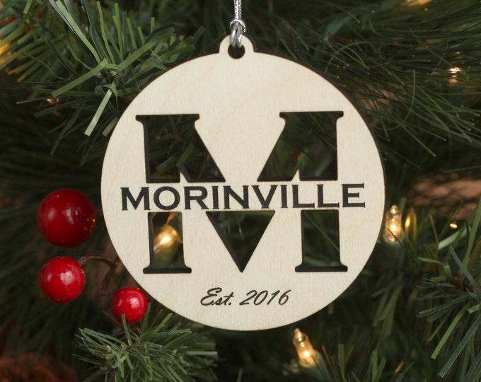 Wood Ornament Personalized with Last Name and Established Date, Custom Ornament with Ribbon