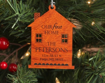 Our First Home Ornament with Last Name and Address, Made From African Padauk Wood, First Home Gift, Christmas Ornament