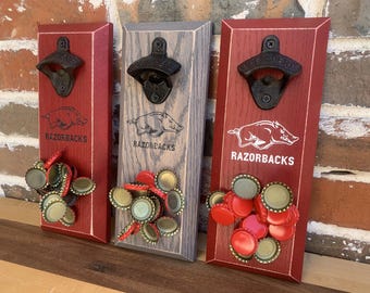 Wall Mount Bottle Opener: Magnetic Cap Catcher, Red Oak, Laser Engraved