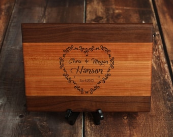 Heart-Shaped Walnut & Cherry Wood Cutting Board, Personalized Wedding Gift