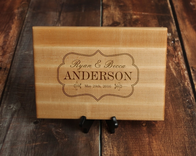Elegant Personalized Cutting Board for Wedding Gift - Custom Serving Tray with Names and Established Date - Hard Maple Wood