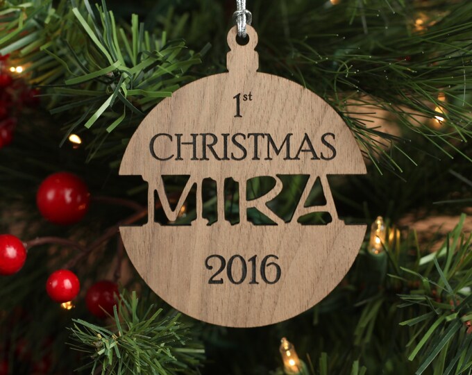 Babies First Christmas Ornament - Personalized Walnut Wood Christmas Ornament - Baby Shower Gift Custom Ornament