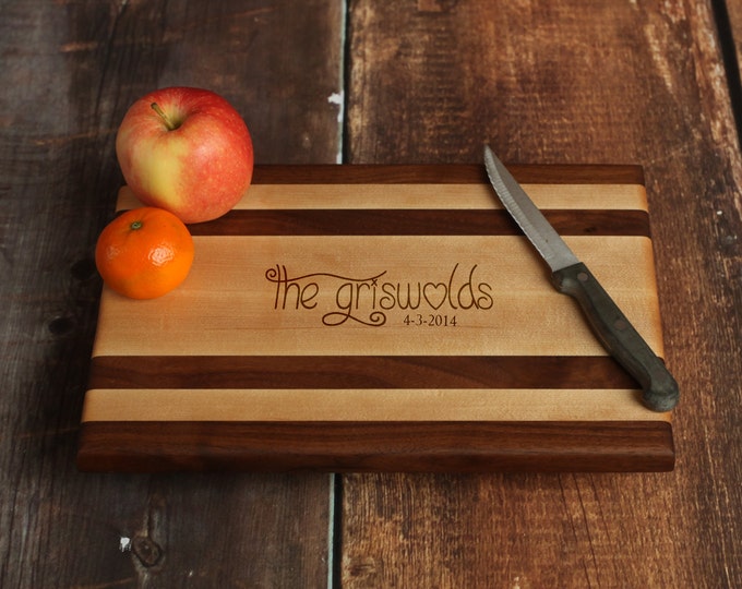 Custom Cutting Board with Last Name, Personalized Cutting Board, Wedding Gift, Anniversary Gift, Edge Grain, Maple and Walnut Stripes