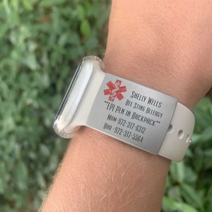 MEDICAL ALERT Tag for Apple watch band, fitness runners ID tag sports smartwatch, Stainless Steel. First responder alert.